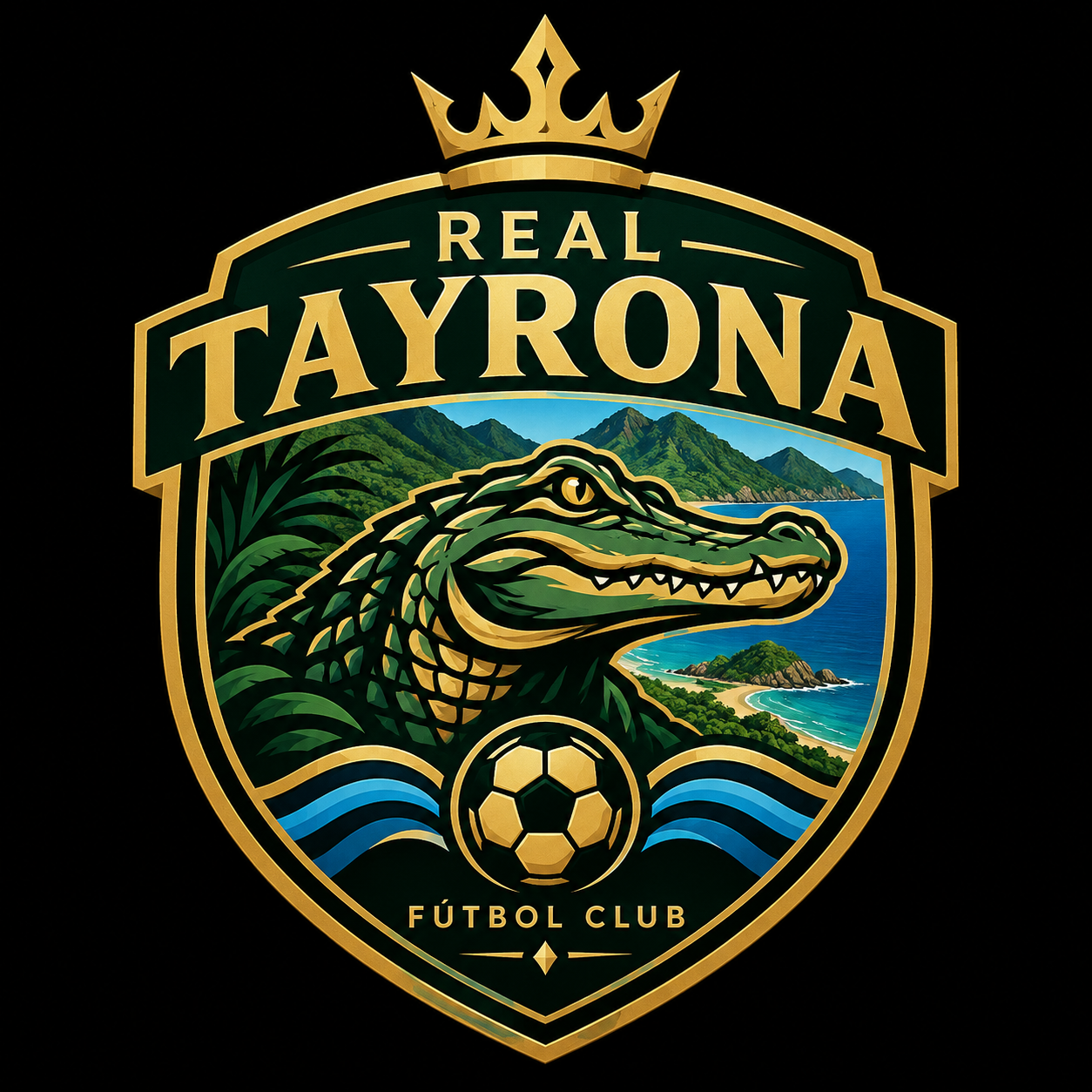 Escudo verde y dorado de Real Tayrona Fútbol Club con corona, un cocodrilo frente a la Sierra Nevada y el mar Caribe, olas azules y un balón dorado