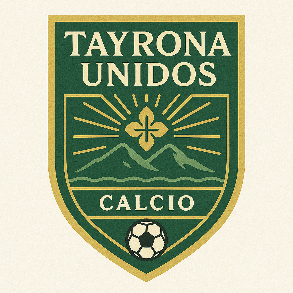 Escudo verde y dorado con el texto Tayrona Unidos Calcio, la Sierra Nevada, un sol naciente y un balón de fútbol