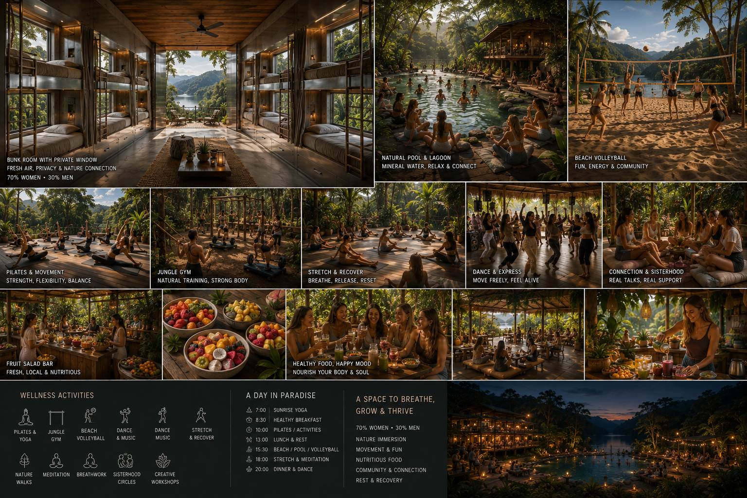 Panel de referencia conceptual de un retiro de bienestar y movimiento: habitaciones con literas, piscina natural, gimnasio en la selva, cocina compartida y terraza nocturna