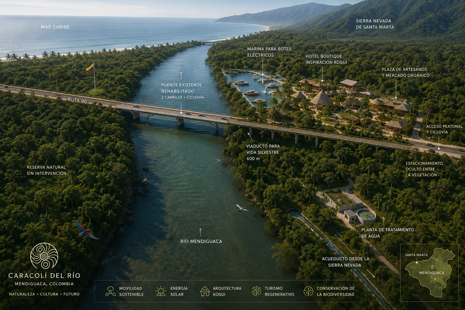 Plano aéreo con anotaciones de Caracolí del Río en la desembocadura del río Mendiguaca, con marina, hotel boutique, plaza de artesanos, viaducto para fauna y planta de tratamiento de agua