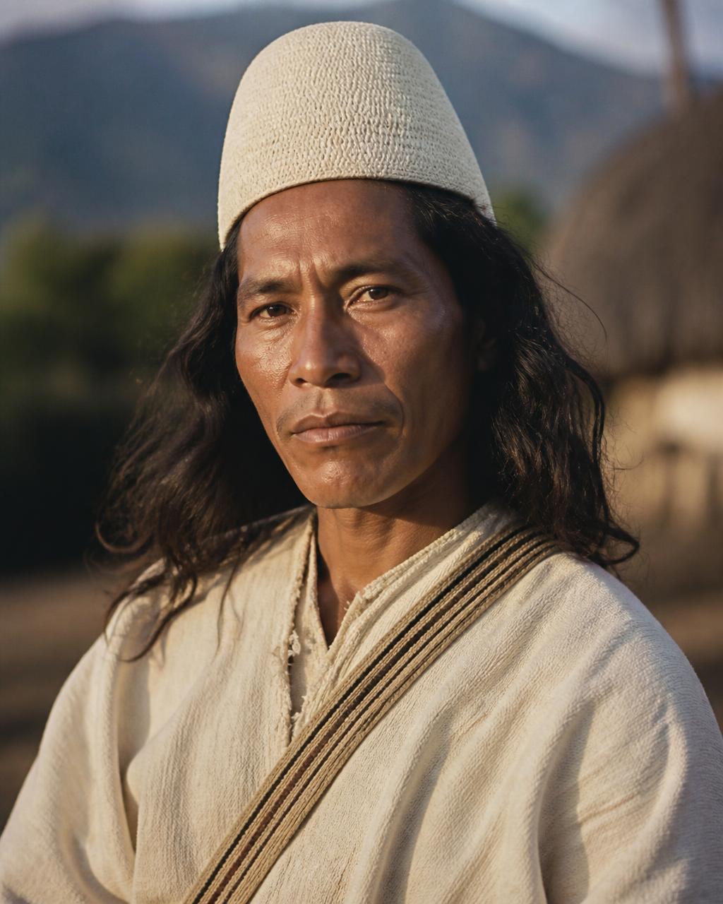 Retrato de un hombre arhuaco de la Sierra Nevada con túnica blanca y tutusoma