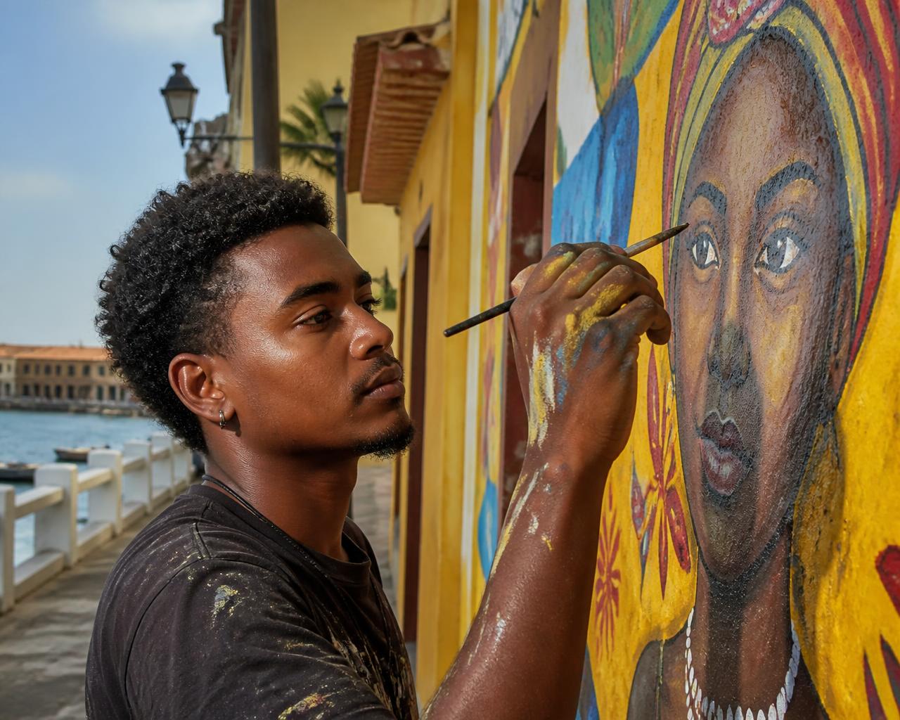Un artista joven pinta un mural de colores en un pueblo costero del Caribe