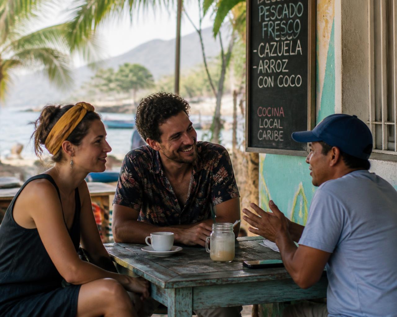 Una pareja de residentes extranjeros conversa con un vecino colombiano en un café de la costa