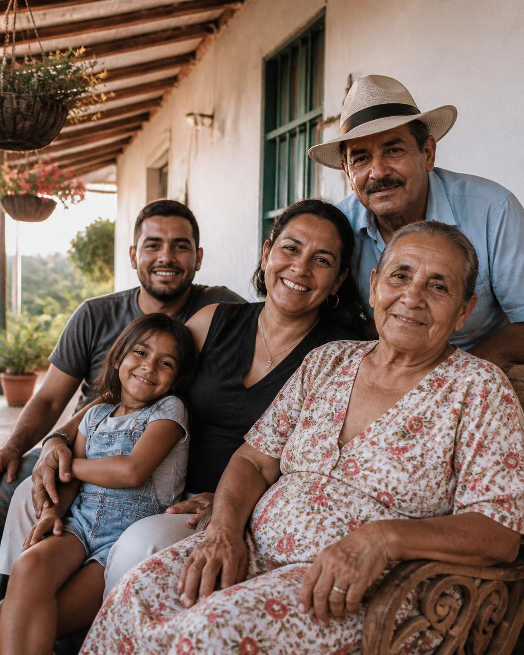Tres generaciones de una familia colombiana del interior sentadas juntas en el corredor de su casa