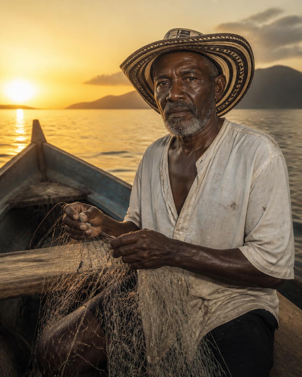 Retrato de un pescador del Caribe colombiano remendando su red al amanecer