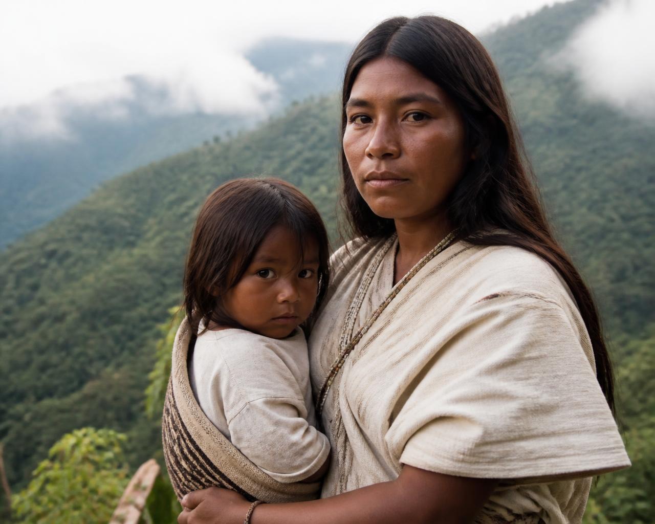 Retrato de una mujer kogui con su hija en las montañas de la Sierra Nevada