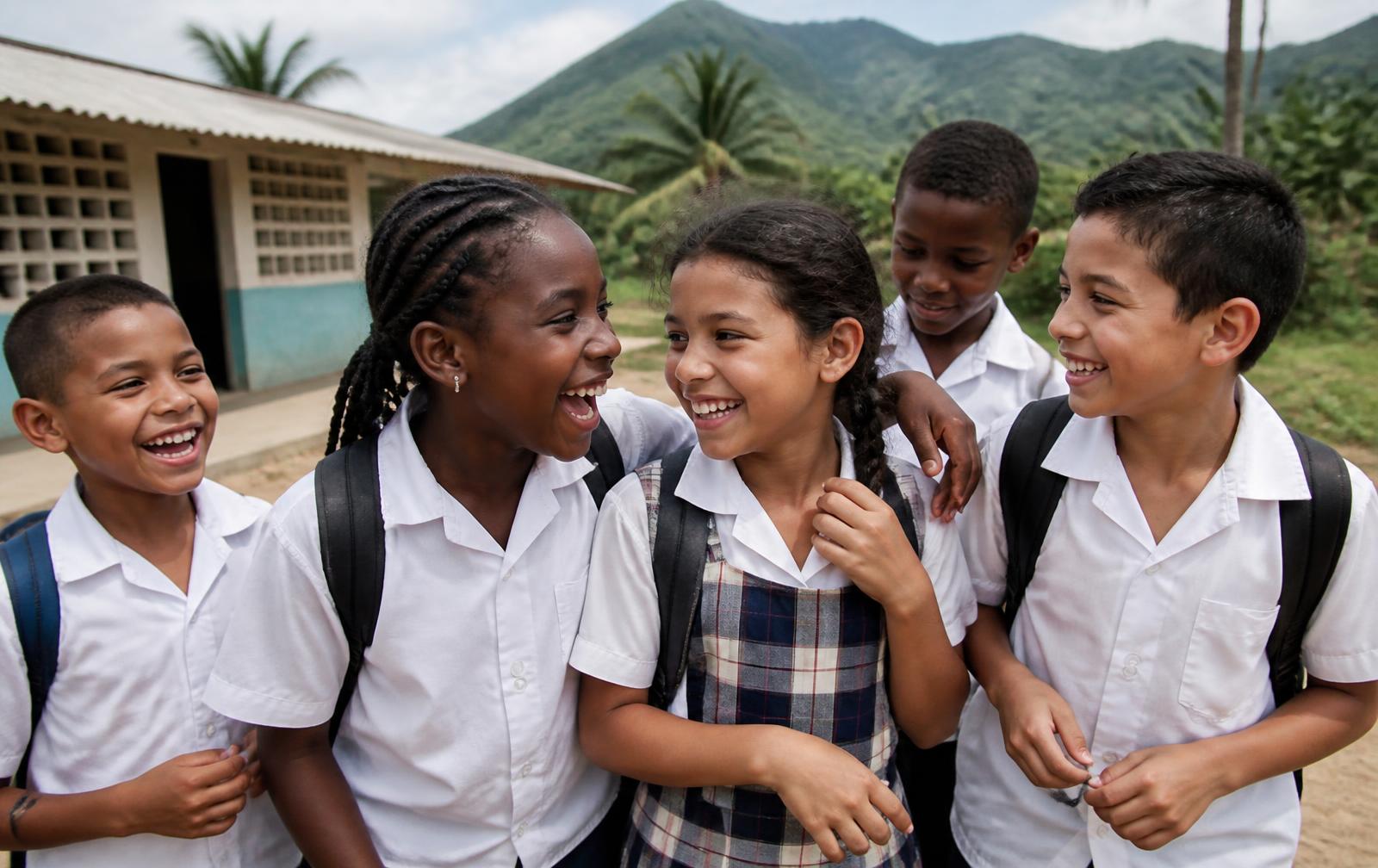 Niños con uniforme escolar ríen juntos frente a una escuela rural cerca de Santa Marta