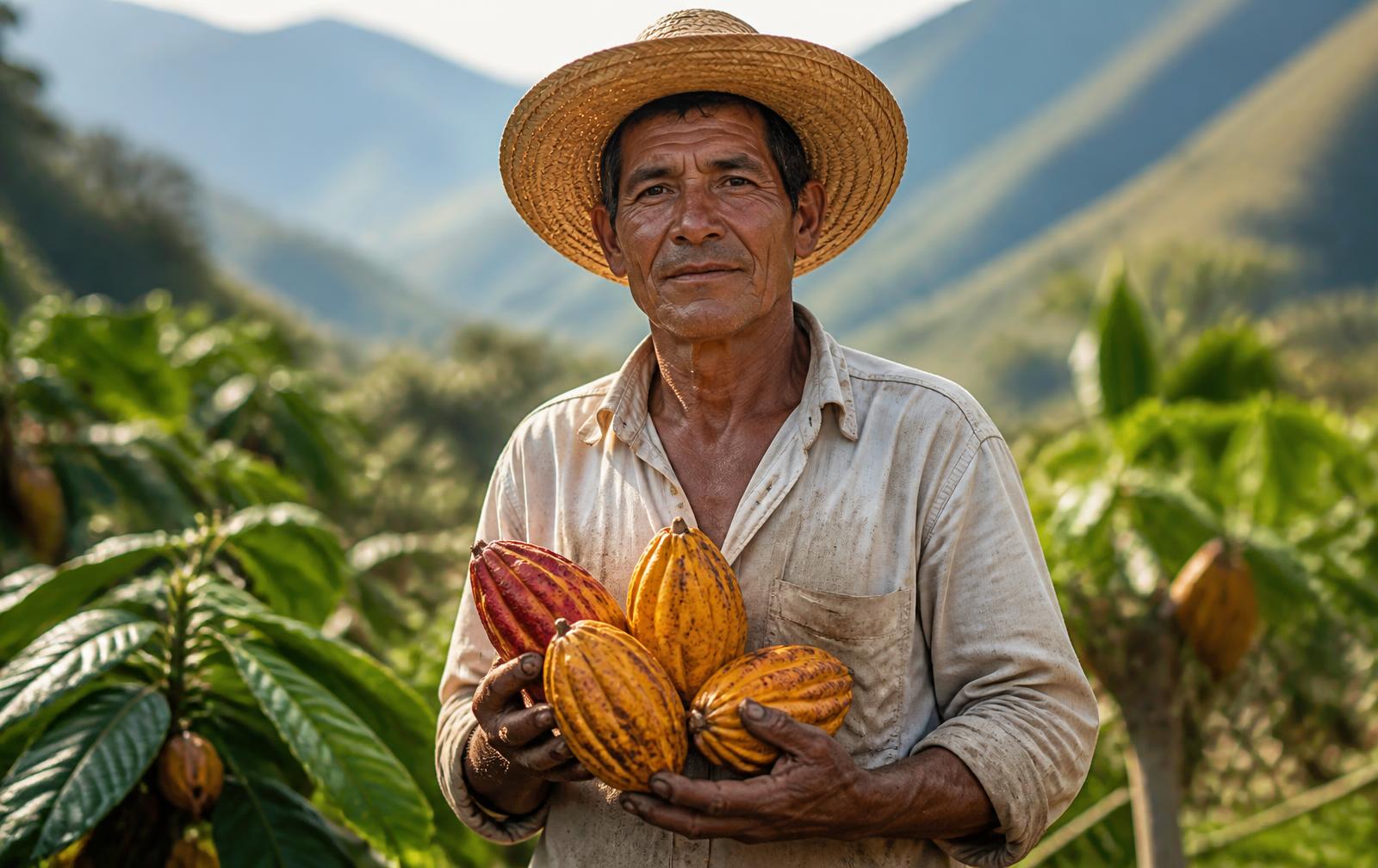 Un campesino de la Sierra Nevada sostiene mazorcas de cacao recién cortadas
