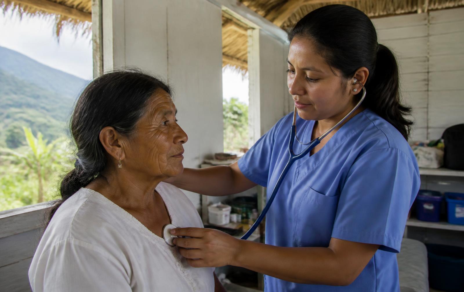 Una enfermera atiende a una paciente mayor en un puesto de salud rural de la Sierra