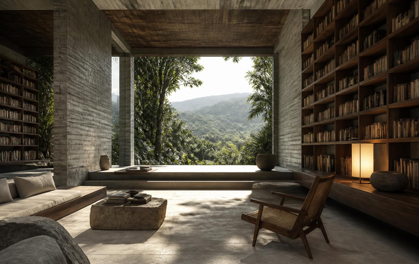 Interior de una biblioteca propuesta en concreto y madera, abierta hacia la selva y las montañas