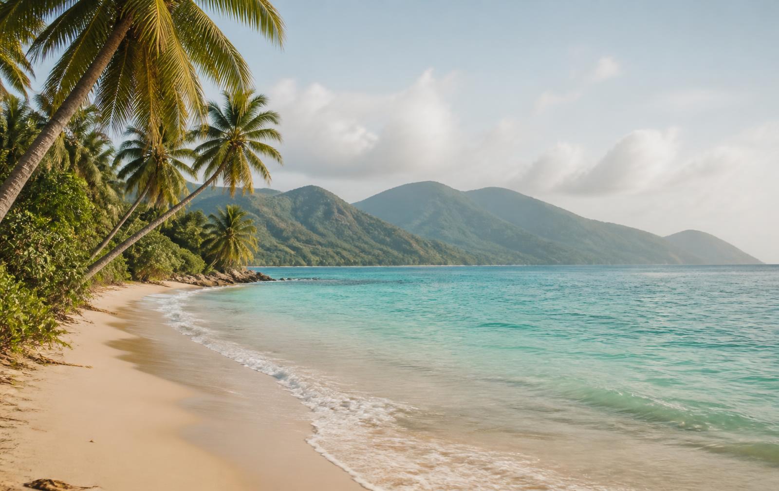 Litoral caribeño con palmeras, arena clara y montañas verdes en el horizonte